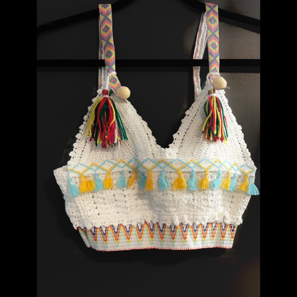 NWT S Boho tassel fringe white crochet rainbow top price final price is firm
